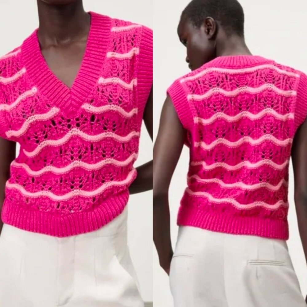 ZARA Hot Pink Barbiecore Knit Scallop Vest Preppy Sweater Casual Schoolgirl